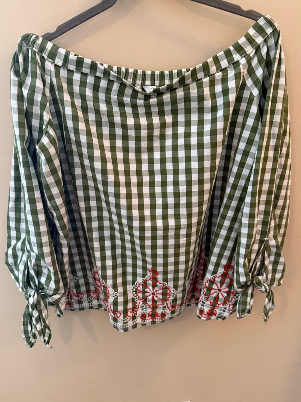 Crown & Ivy Gingham off shoulder cotton Top green plaid embroidered Size XL